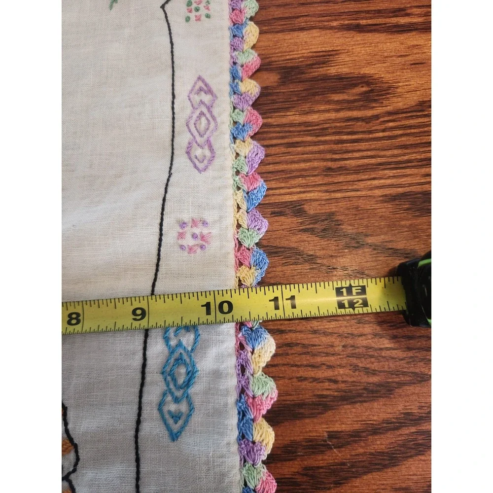 2 1960s Dresser Scarf with Embroidery & Crochet Edging, Linen Floral Butterflies